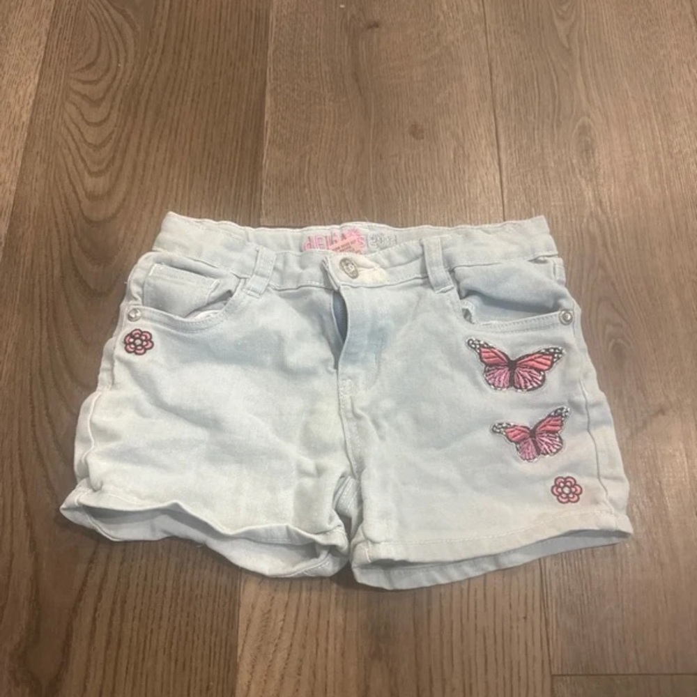 Girls Light Blue Denim Shorts with Pink Butterfly Embroidery